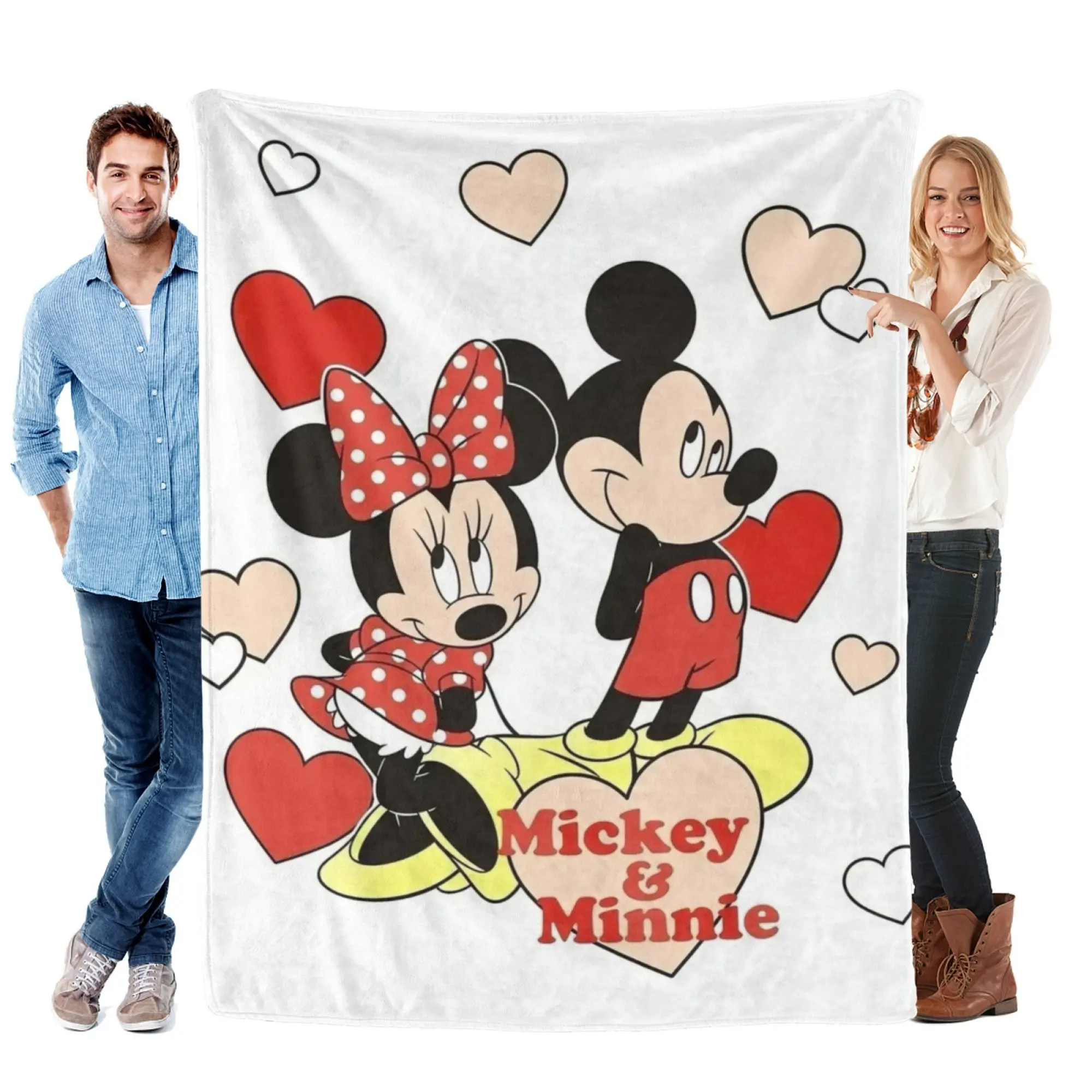 [SummerVibes] DISNEY CLASSIC Mickey & Minnie Mouse White Flannel Blanket, Soft 2D Cartoon Hearts Print Throw for Bed, Couch, Office Nap & Couples Gift