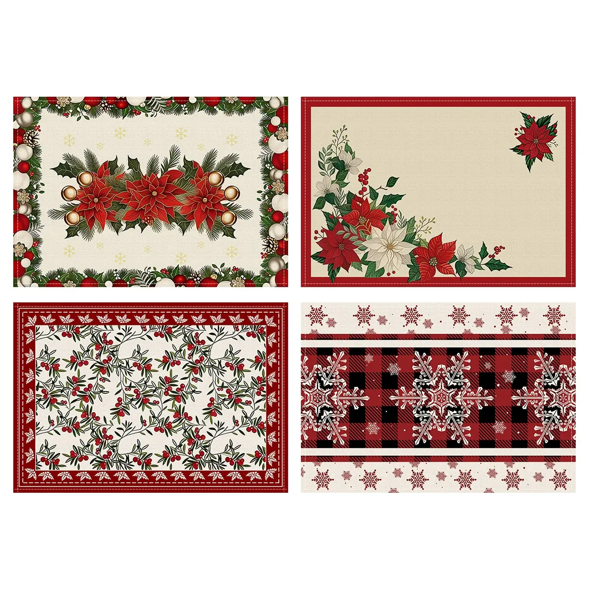 4pcs Christmas placemats, red berry, red Haige pattern, white snowflake design, holly leaf Christmas ball pattern, Christmas party table decoration placemat, table anti slip insulation mat, desktop protection, home kitchen table decoration, gifts, Set