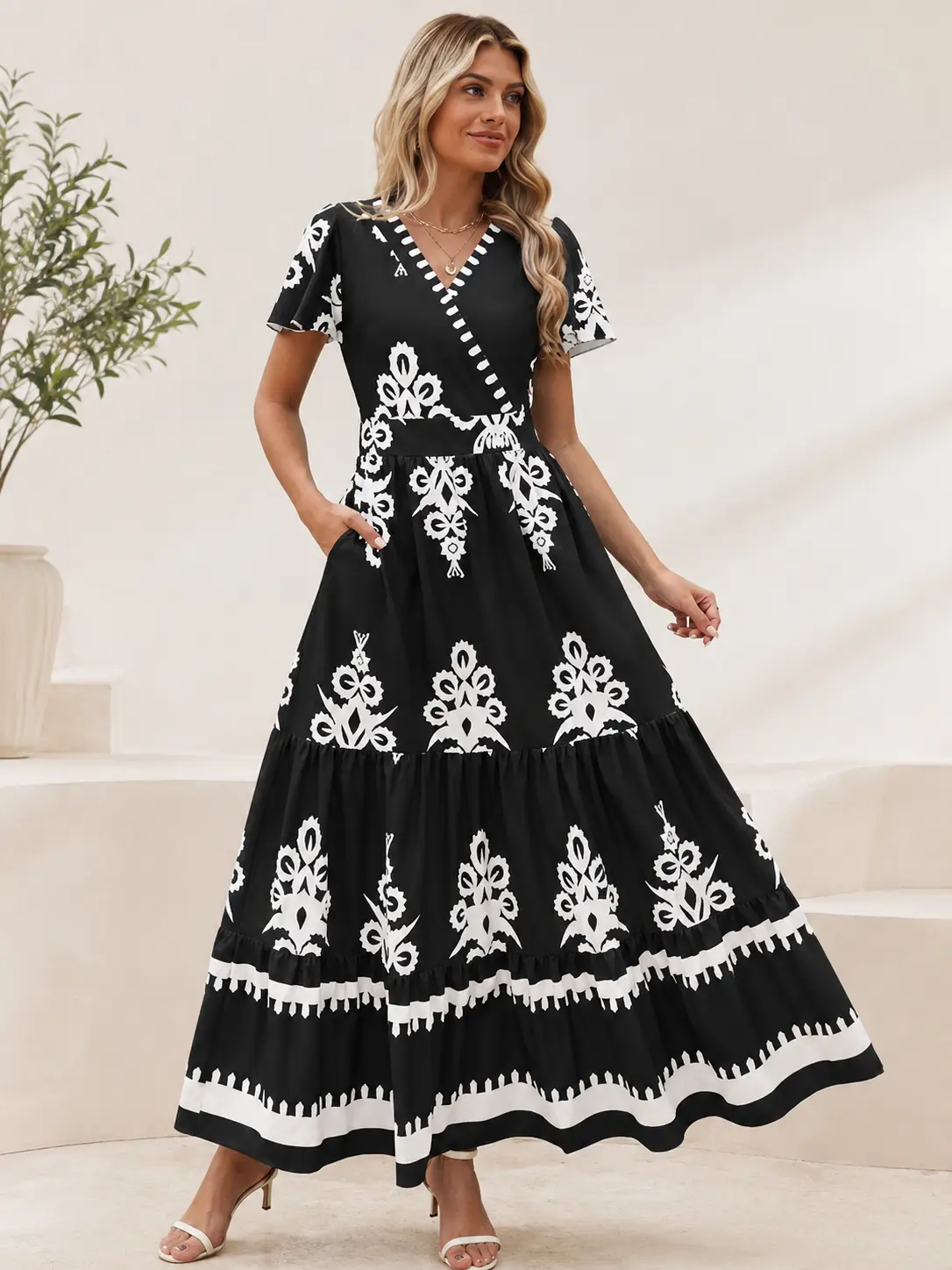 Women's Floral V Neck Midi Dress, Flared Short Sleeves, Elastic Waist and Tiered Skirt