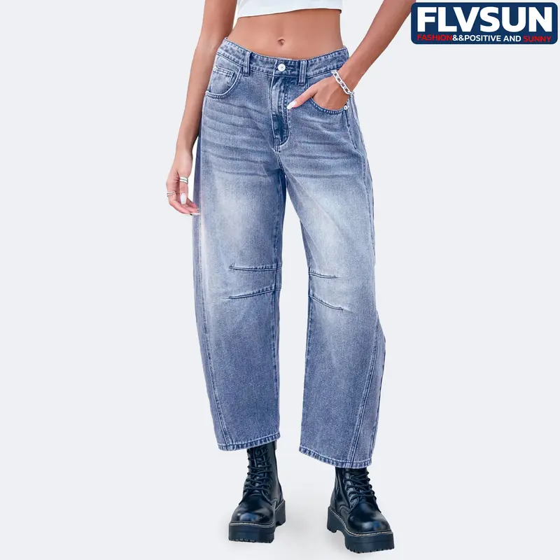 MEIN Women's Mid-Waist Stretchy Denim Jeans - 5-Pocket, Button Fly, 90s/2000s Vintage, Minimalist Basic Simple Style, Straight Leg Hip Cropped Baggy, Seam Detail, Streetwear, Thanksgiving Everyday Bottoms, Trending Clothes, Jeans for Women
