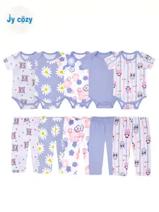 JY.COZY FOR BABY Girl Clothes Purple Onesie Cotton Bodysuits Sets 10 Pieces 5 Short-Sleeve Rompers 5 Pants Casual Pajama New Born Clothes Comfort Infant Outfit Essentials