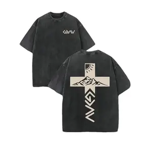 Retro Washed T-Shirt Double Sided Printed 230 Pure Cotton 'God Is Greater Than Our Highs And Lows' Letter Print Christian Gift Men's Casual Comfortable Fashionable Street Style Cotton Menswear Top