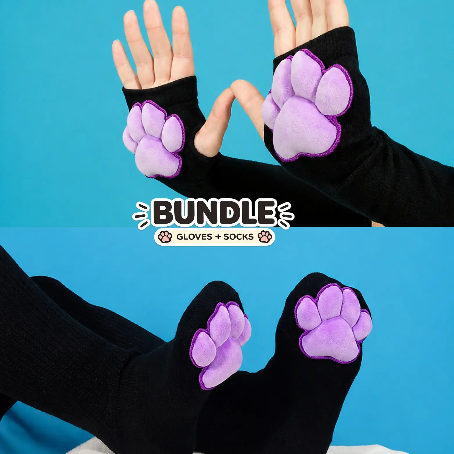 Black Thigh High Cat Paw Socks & Glove Set– Purple Plush Paw Pads