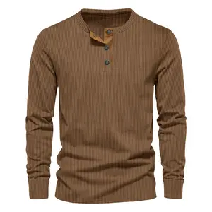 BIGWIG Men's Spring/Autumn Casual Long-Sleeve Corduroy Shirt, Henley Collar Long-Sleeve, Casual Corduroy Ribbed Slim-Fit Round Neck Golf Polo Shirt, Designer Shirt, Casual Long-Sleeve T-shirt