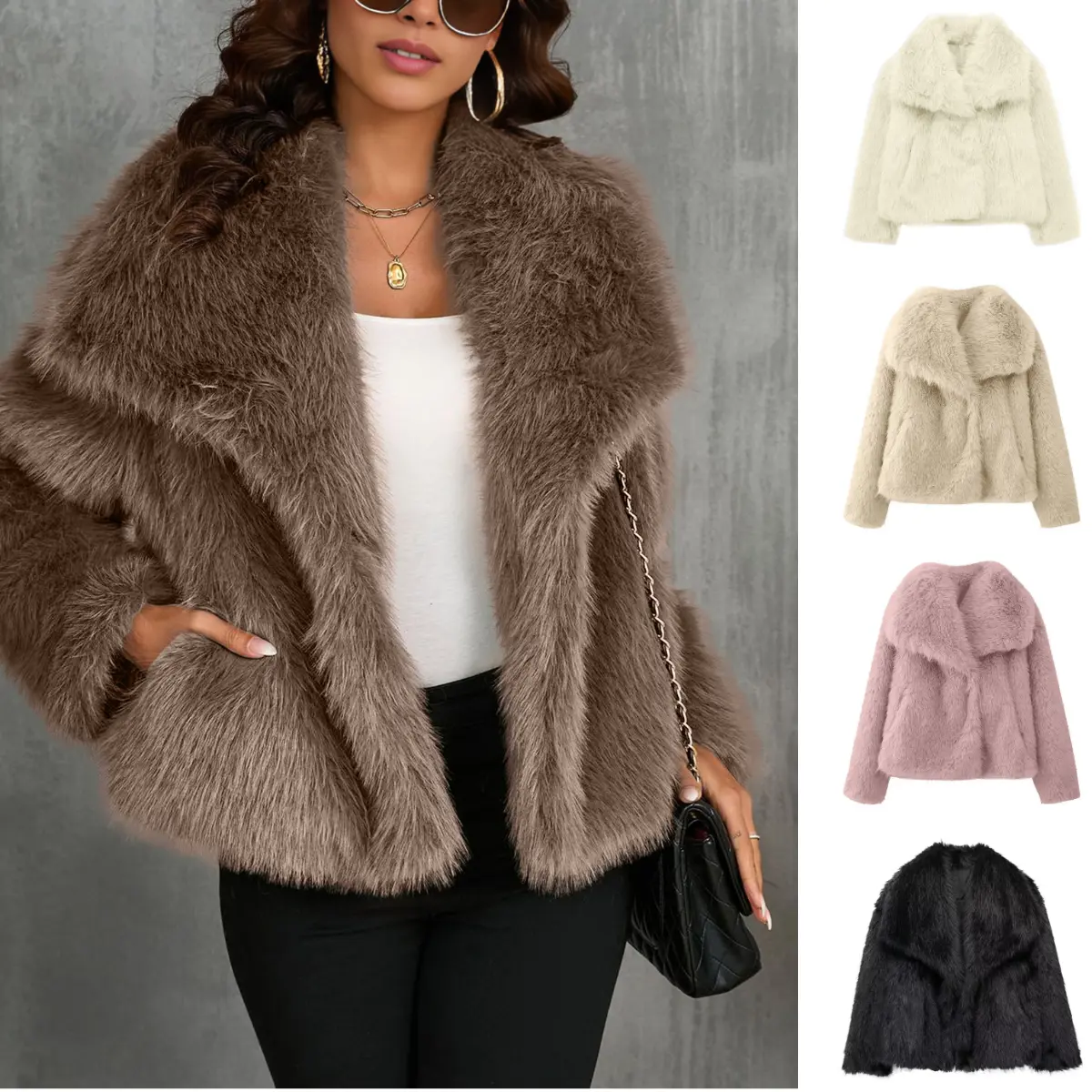 Molitree Womens Faux Fur Coat Lapel Open Front Fluffy Shaggy Jacket Winter Warm Furry Overcoat Casual Beige