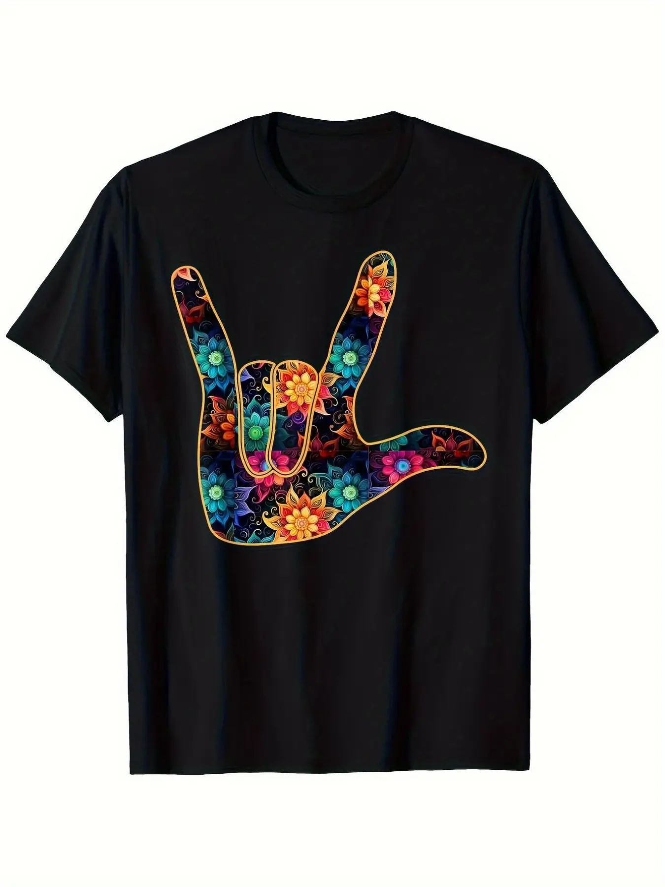 Floral I Love You Sign Language Fingerspelling TSh unisex soft cotton short sleeve t shirt, vintage graphic casual tee for men women teens, perfect birthday holiday gift for camping travel gym daily street casual wear