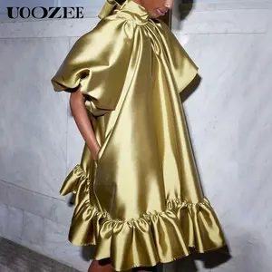 UOOZEE Women's Chic Elegant Turtleneck Mini Dress - Gold Solid Color, Loose Fit Puff-Short Sleeves, Falbala Detail, Comfortable Casual Summer Wear for Ladies, Plus Size Option