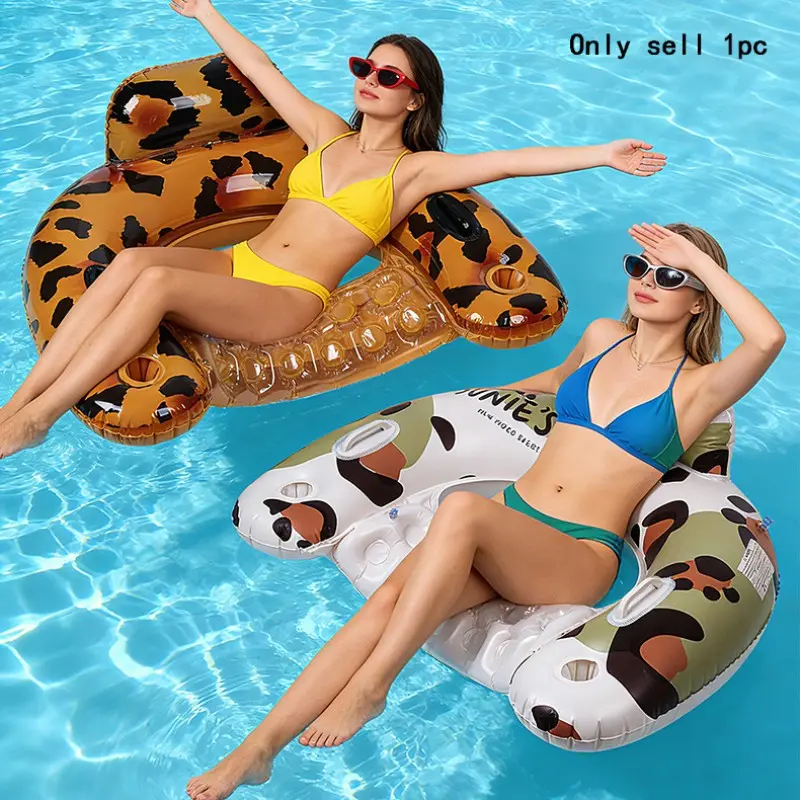 1pc Leopard Print Inflatable Backrest Float, Summer Outdoor Pool Water Adult Foldable Lounger Hammock, Handrail Included, Pool Floaties, Swimming Float, Hammock Pool Floats