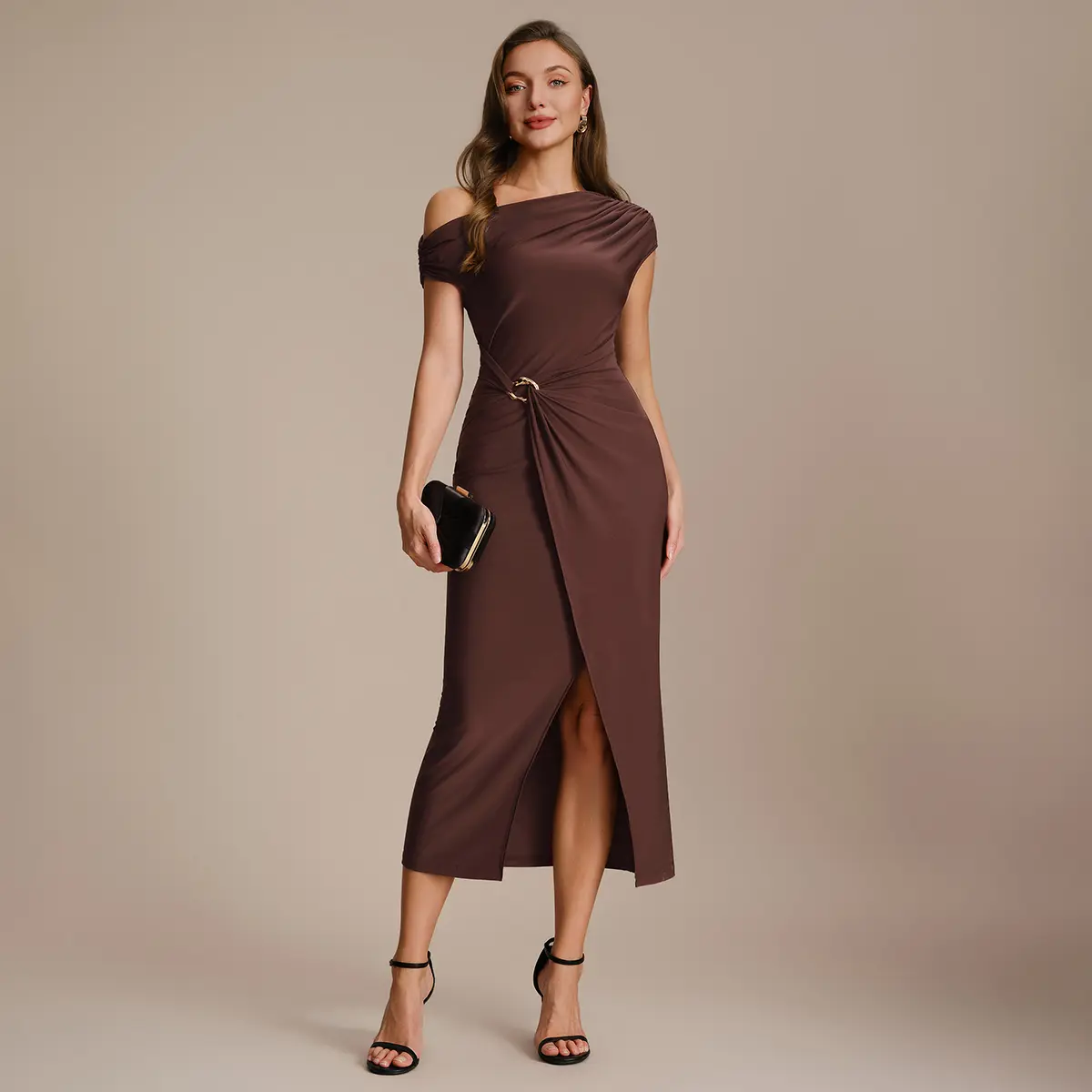 Ever-Pretty 2026 New Trend High Stretch Knit Off-Shoulder Bodycon Wedding Guest Dress – Asymmetric Neckline & Flared Hem for Cocktail Party EG02806