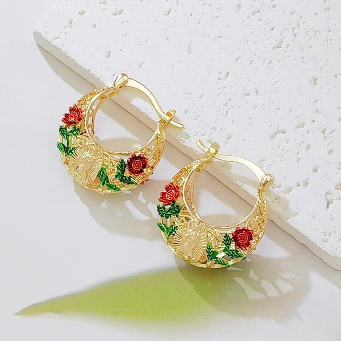 14K Gold Plated Our Lady of Guadalupe Hoop Earrings, Enamel Red Rose Virgin Mary Catholic Earrings, Religious Protection Jewelry for Women Girls