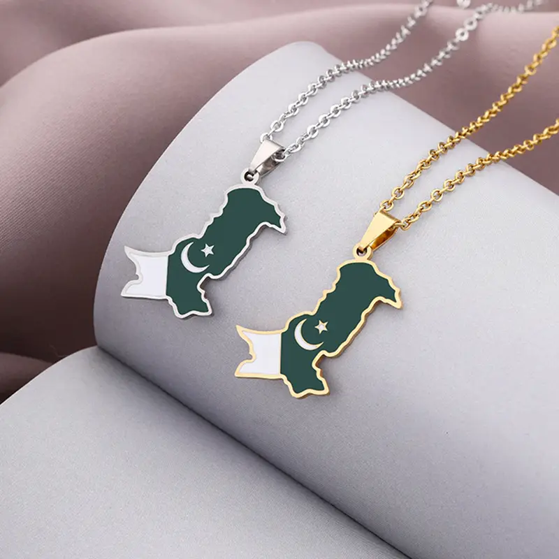Unisex Vintage Pakistan Map Flag Pendant Necklace, Couple Jewelry, Necklace Set, Gift Ideas, Map Outline