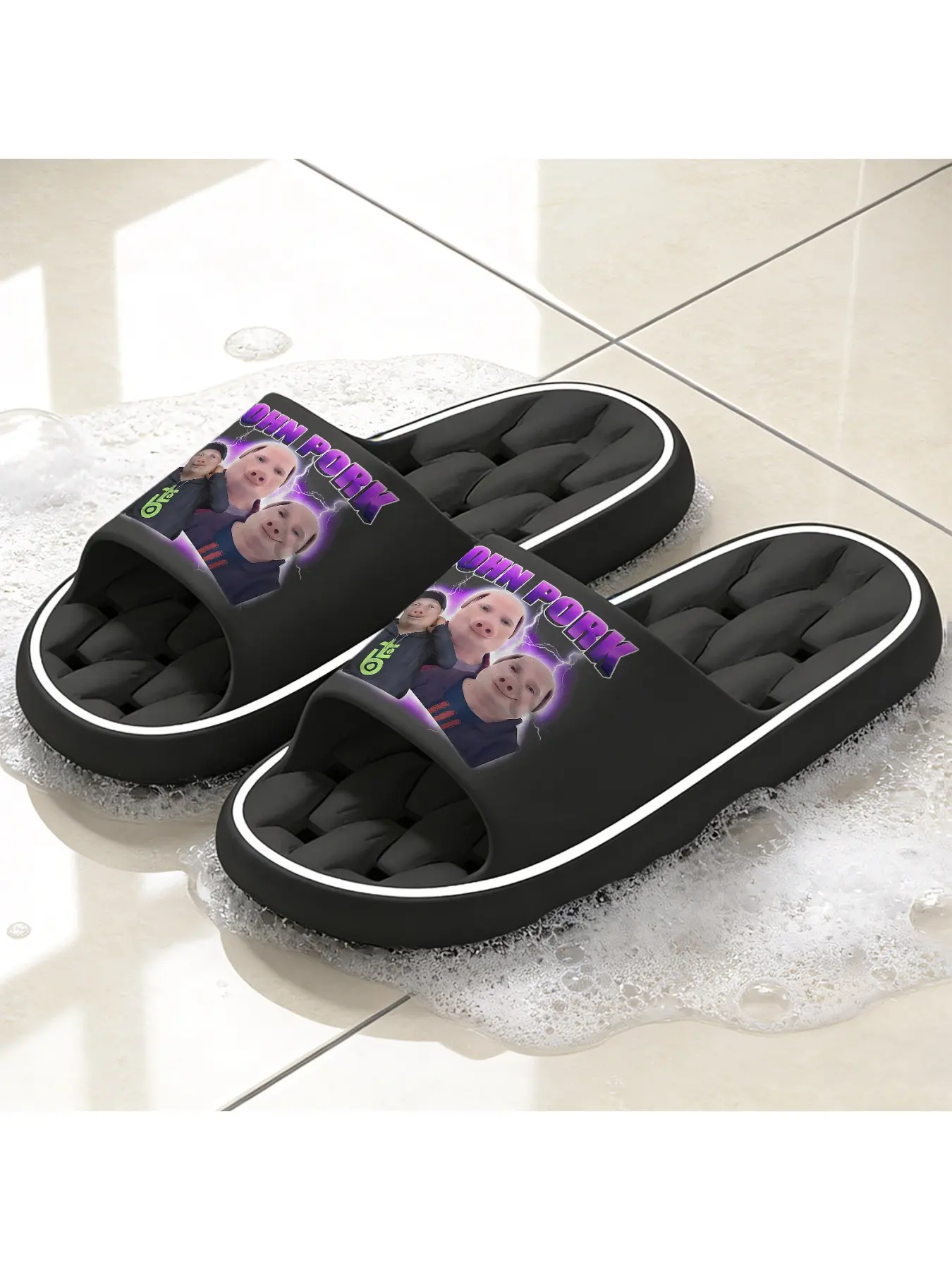 Funny "JOHN PORK" Meme Print Quick-Dry Hollow Out Summer Slide Slippers, Non Slip Slides, Non-Slip Drainage Bathroom Shower Shoes, Soft Cushioned Home Sandals for Internet Meme & Humor Lovers