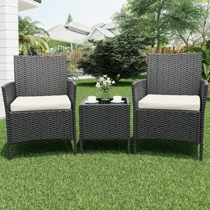 Garvee Elegant 3-piece bistro set for outdoor garden – 2 PE rattan armchairs with ivory cushions, 1 coffee table – Ideal for terrace, balcony, relaxation – Sturdy furniture – Color