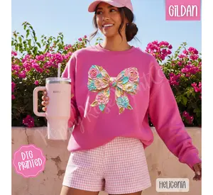 Floral Painted Bow Sweatshirt, Trendy Women's Spring Crewneck