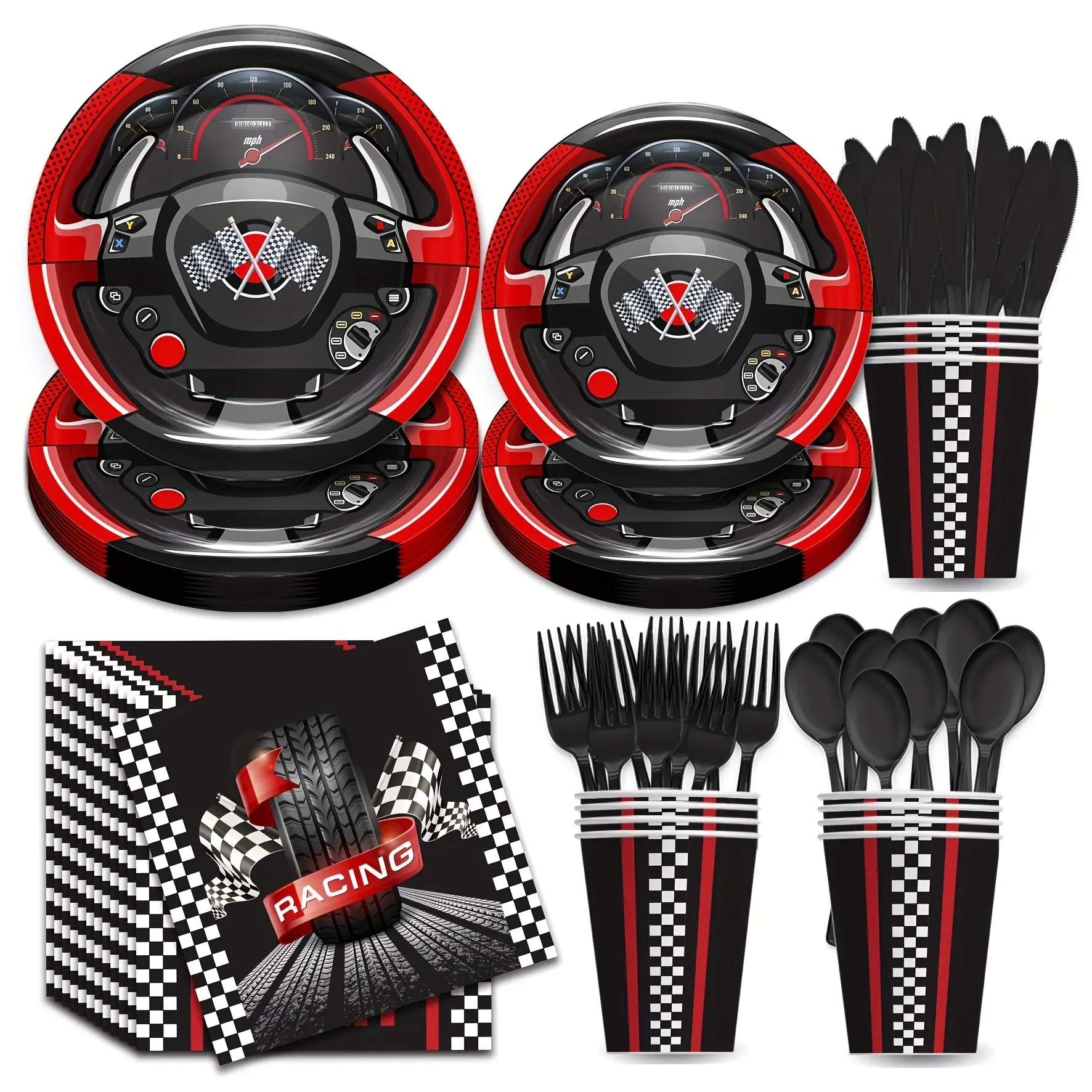 168pcs Race Car Disposable Party Supplies Kit - Plastic Dessert Cups, 9in/7in Dinner Plates, Forks, Spoons, Knives, Napkins - Boys Birthday Decorations - Serves 24 Guests