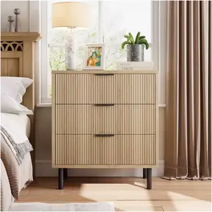 Fluted 3 Drawer Dresser Wide Modern Chest of Drawers with Metal Legs Wood Storage Cabinet for Bedroom Living Room Entryway Wood Color