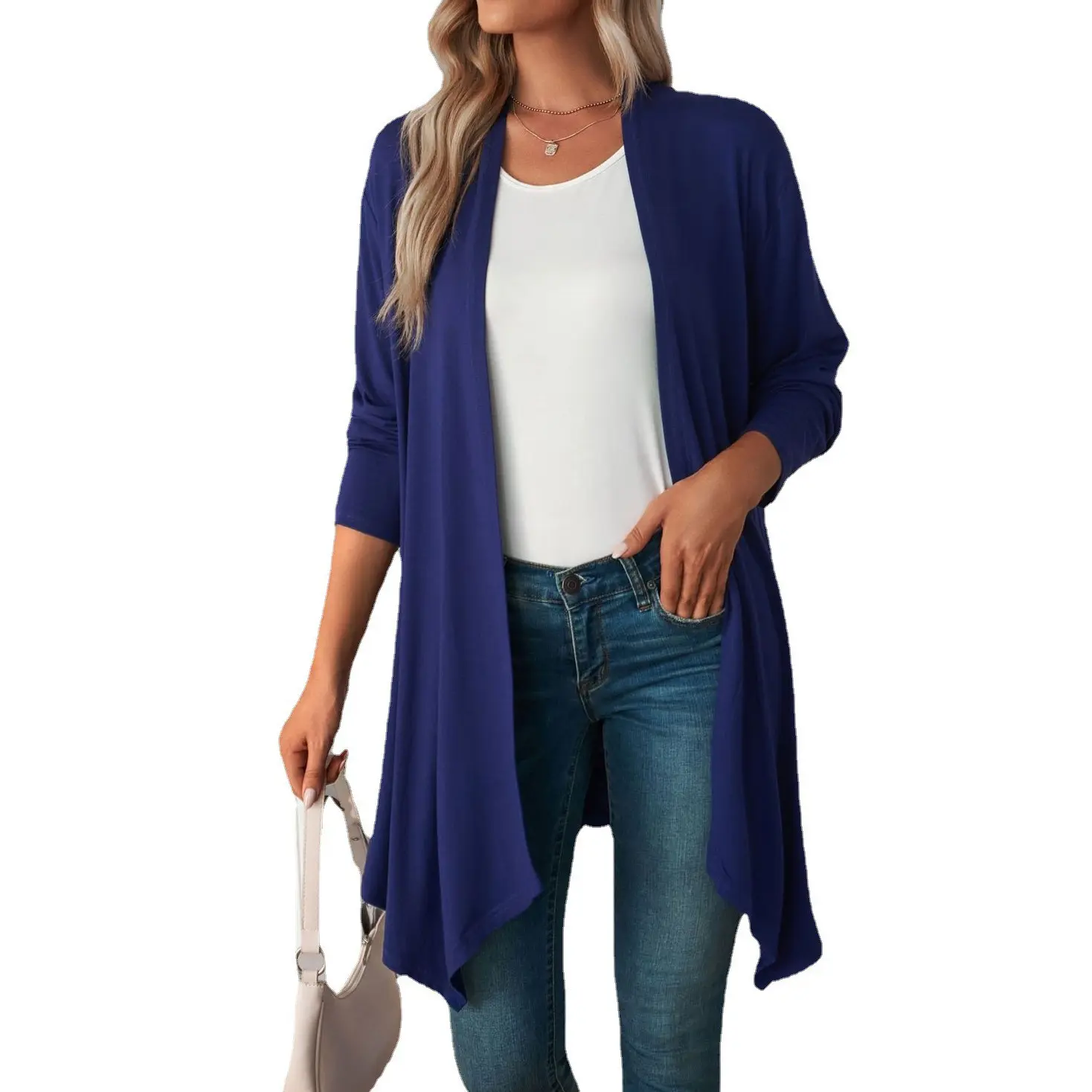 Women’s Solid Longline Open-Front Cardigan, Lightweight Cotton-Blend Long Sleeve Layering Jacket with Scarf Collar, Loose-Fit Casual Duster Sweater for Work, Travel, Fall and Spring