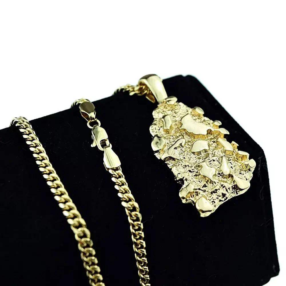 MaxBling81 Unisex 14K Gold Plated Nugget Pendant & 4mm Brass Cuban Link Chain Necklace Gift Set, 18"-20"-24" Lengths, Necklaces for Women, Ideal for Daily Wear, Birthday, Anniversary