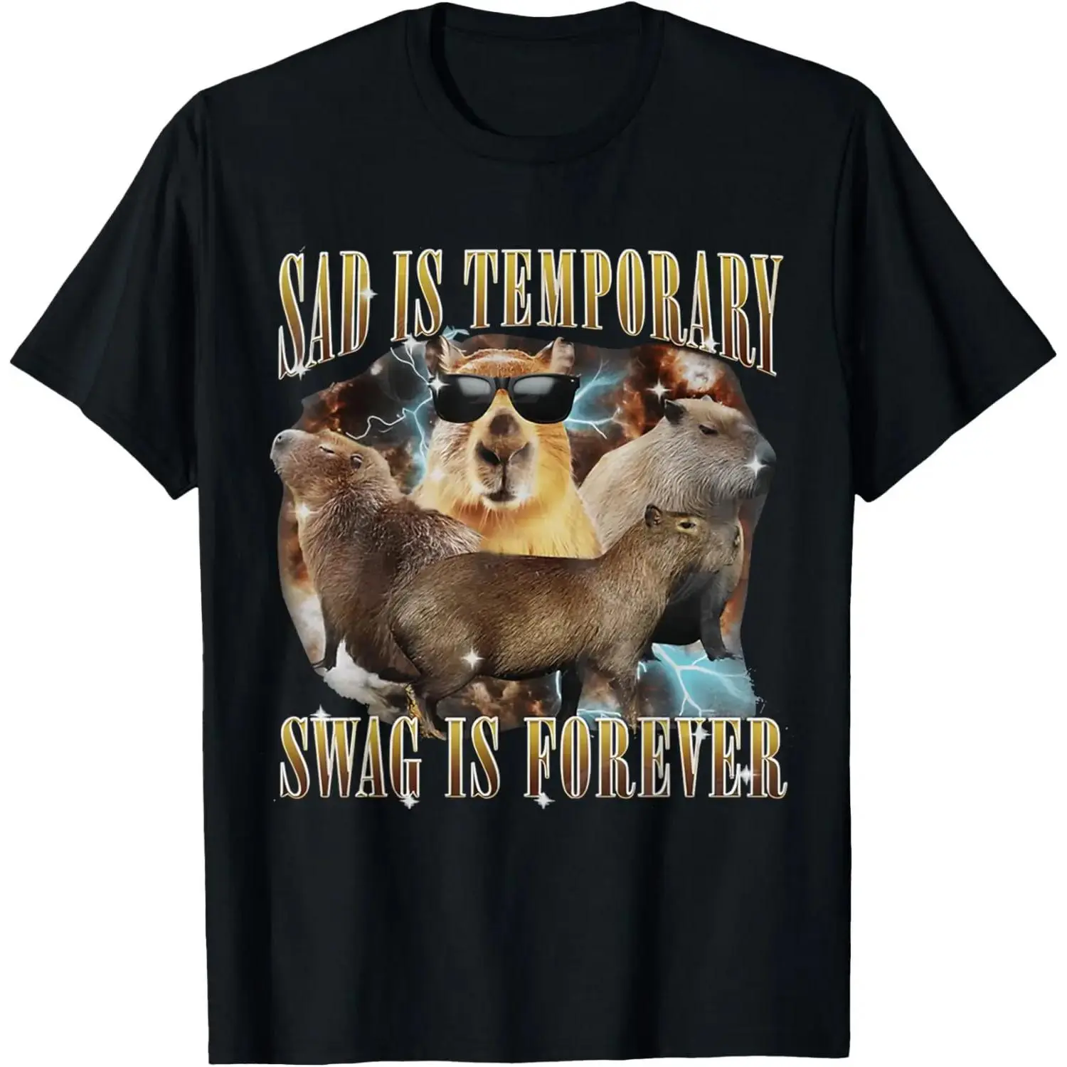 [Graphic Tee]Sad Is Temporary Swag Is Forever Capybara Vintage 90s T-Shirt – Pure Funny Meme Graphic Tee, Unisex Casual Streetwear Top, Retro Aesthetic Outfit, Trendy Gift for Men Women Capybara Lover Shirt,viral graphic tees