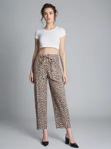 Khaki Leopard Printed Barrel Jeans With Drawstring Elastic Waist And Pockets, Casual Trendy Denim Bottoms For Women, Loose Comfortable Fashion Pants For Daily Street And Outdoor Occasions SummerVibes