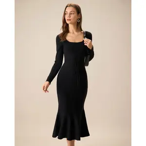 Rihoas Women's Black Square Neck Longsleeve Soft Sweater Mermaid Maxi Dress - Nylon-Viscose Blend Knit, Minimalist Basic, Breathable Fabric, Chic Elegant Casual Women's Clothes