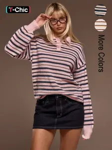 Black Friday Cute Casual Y2K Campus Office Style Loose Knit Striped Collar Button Lantern Long Sleeve Polo Knitwear Sweater