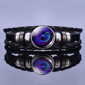 Zodiac Bracelet for Men & Women – Adjustable Black Leather | 12 Constellations | FREE Limited Gift - Choose Your Gift Color! God Bless You Mini Jesus Figure