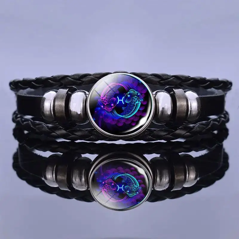 Zodiac Bracelet for Men & Women – Adjustable Black Leather | 12 Constellations | FREE Limited Gift - Choose Your Gift Color! God Bless You Mini Jesus Figure