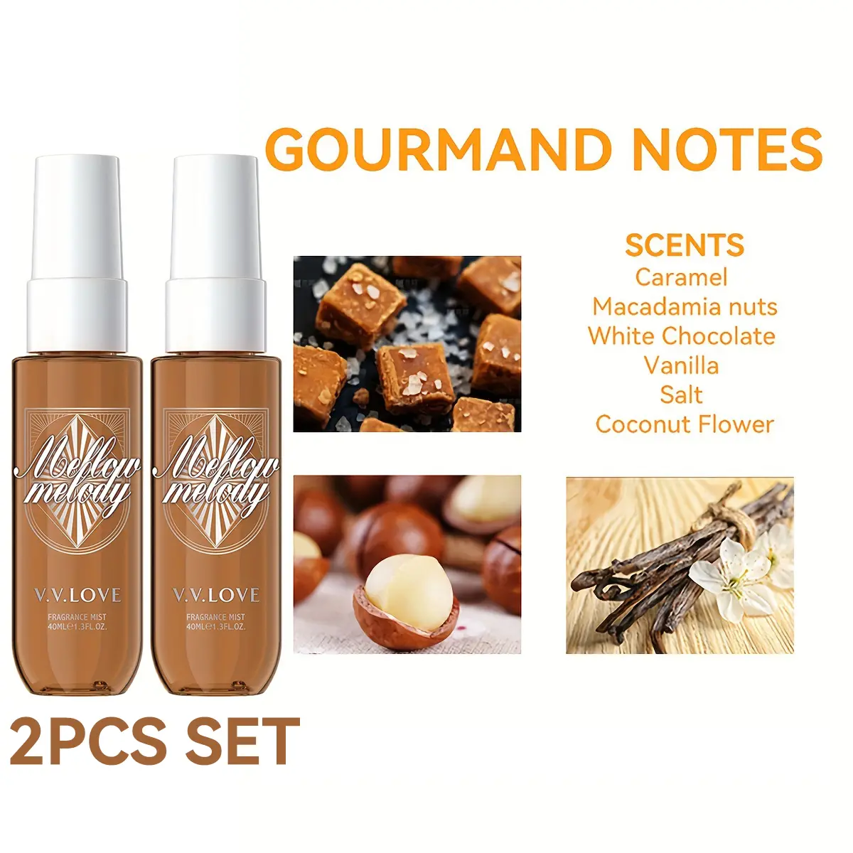 V.V.LOVE Gourmand Sweet Scent Sensation 2-Pack 40ml Travel-Sized Hair Body Mist with Caramel Vanilla Creamy Chocolate Salt Macadamia Nuts White Chocolate for Women