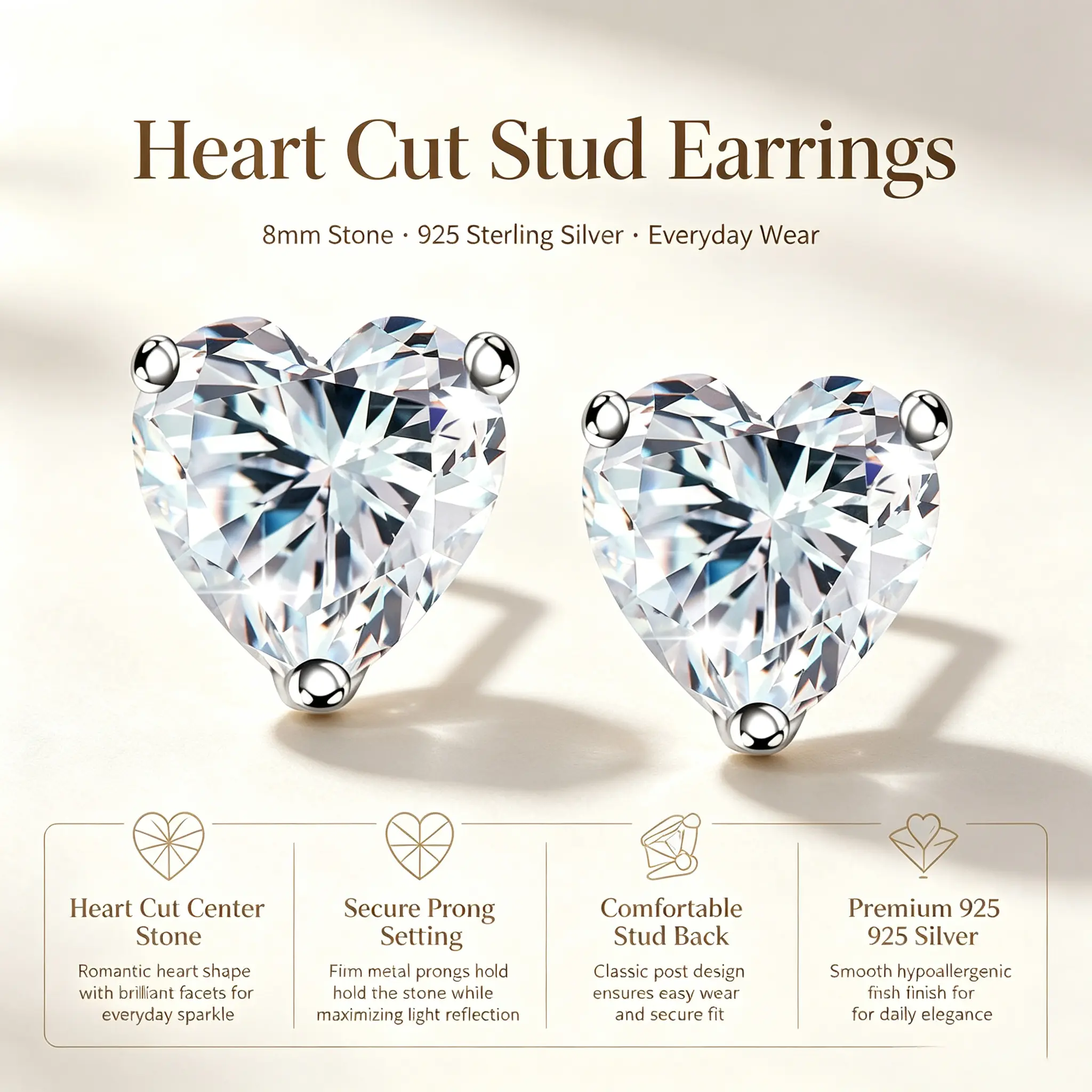 Women's Fashion Sparkly Heart Cut Crystal Stud Earrings, S925 Real Silver Hypoallergenic Lightweight Jewelry Gift for Women for Anniversary, Birthday, 925 Real Silver Earrings, Classic, 5G, 8*8Mm, Everyday, All Seasons