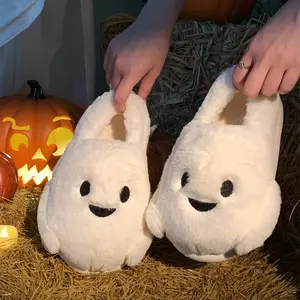 XIXITIAO Halloween Ghost Slippers for Women Men Warm Spooky Slippers Cozy Home Shoes Soft House Slides Fall Winter Footwear