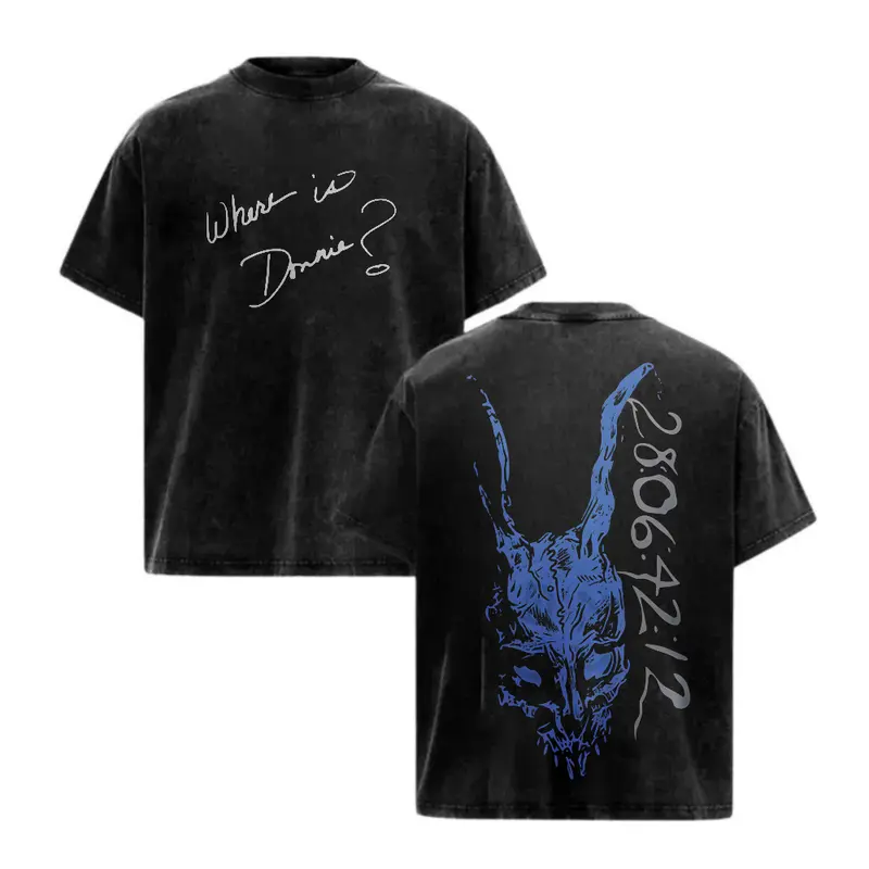 Black Washed Donnie Darko Frank The Rabbit Movie Graphic T Shirt for Men Oversized Short Sleeve Crewneck Cotton Tee Casual Streetwear Top for Cult Film Fans and Daily Wear