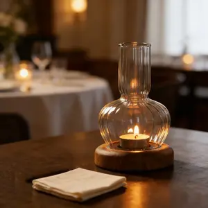 Elegant Wooden Base Clear Glass Candle Holder, Tea Light Centerpiece Decor, Perfect for Weddings and Table Decoration, Home Decor, Decoration Items, Home Accessories