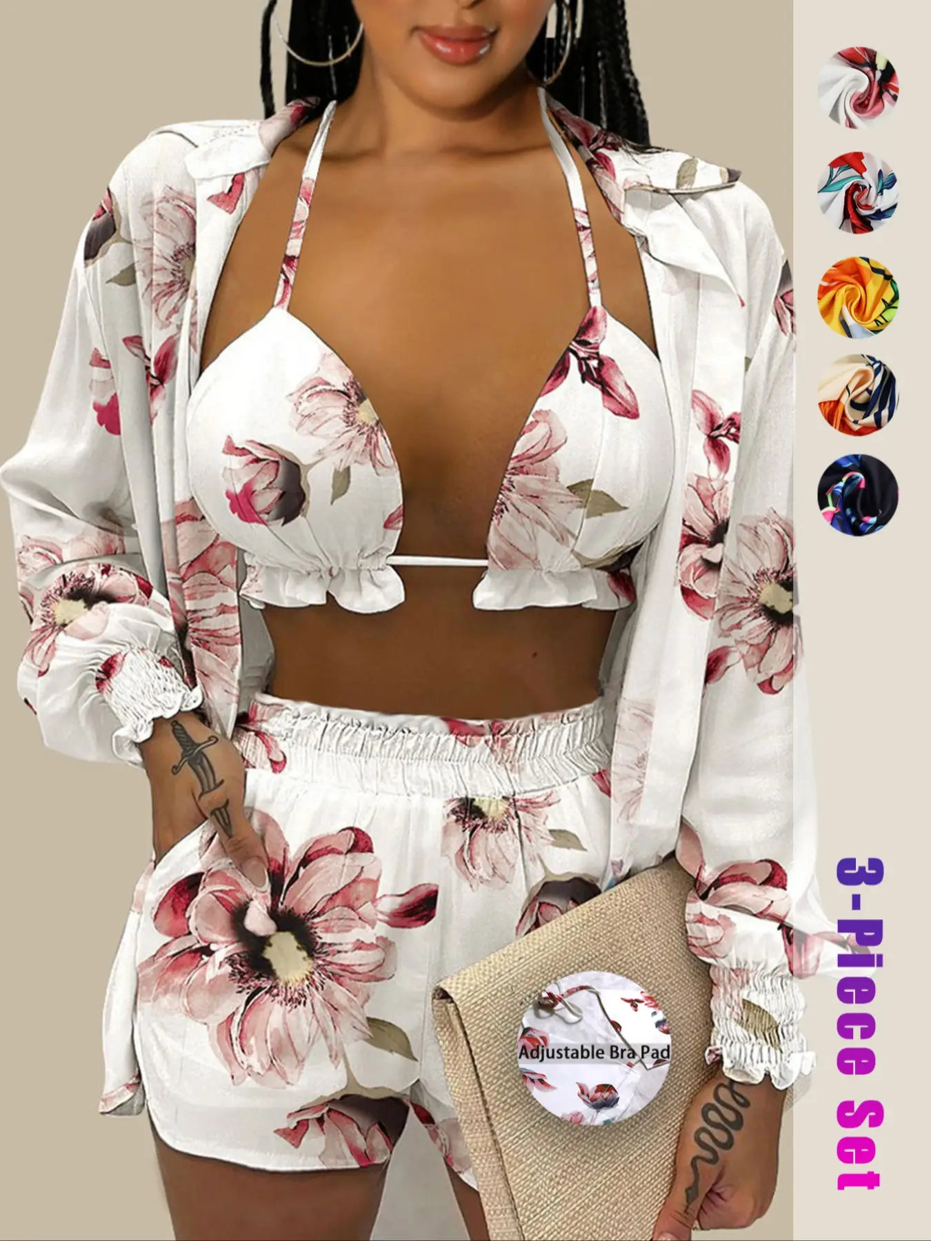 Three-piece Set Women's Floral Print Frill Trim Halter Top & Shirred Shirt & Shorts Set, Long Sleeve Top & Boho Shorts & Crop Cami Top for Beach Holid