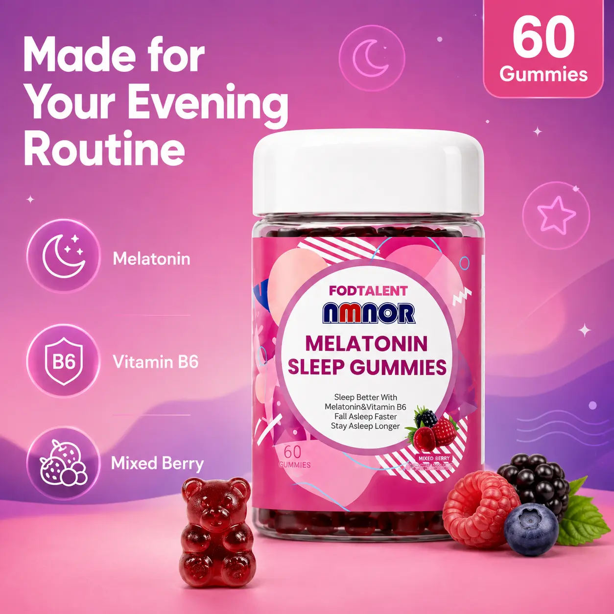 NMNOR Gluten-Free Melatonin & Vitamin B6 Sleep Aid Gummies for Adults, Natural Mixed Berry Flavor, 60 Gummies per Bottle, FDA Registered Evening Routine Supplement, Single Item