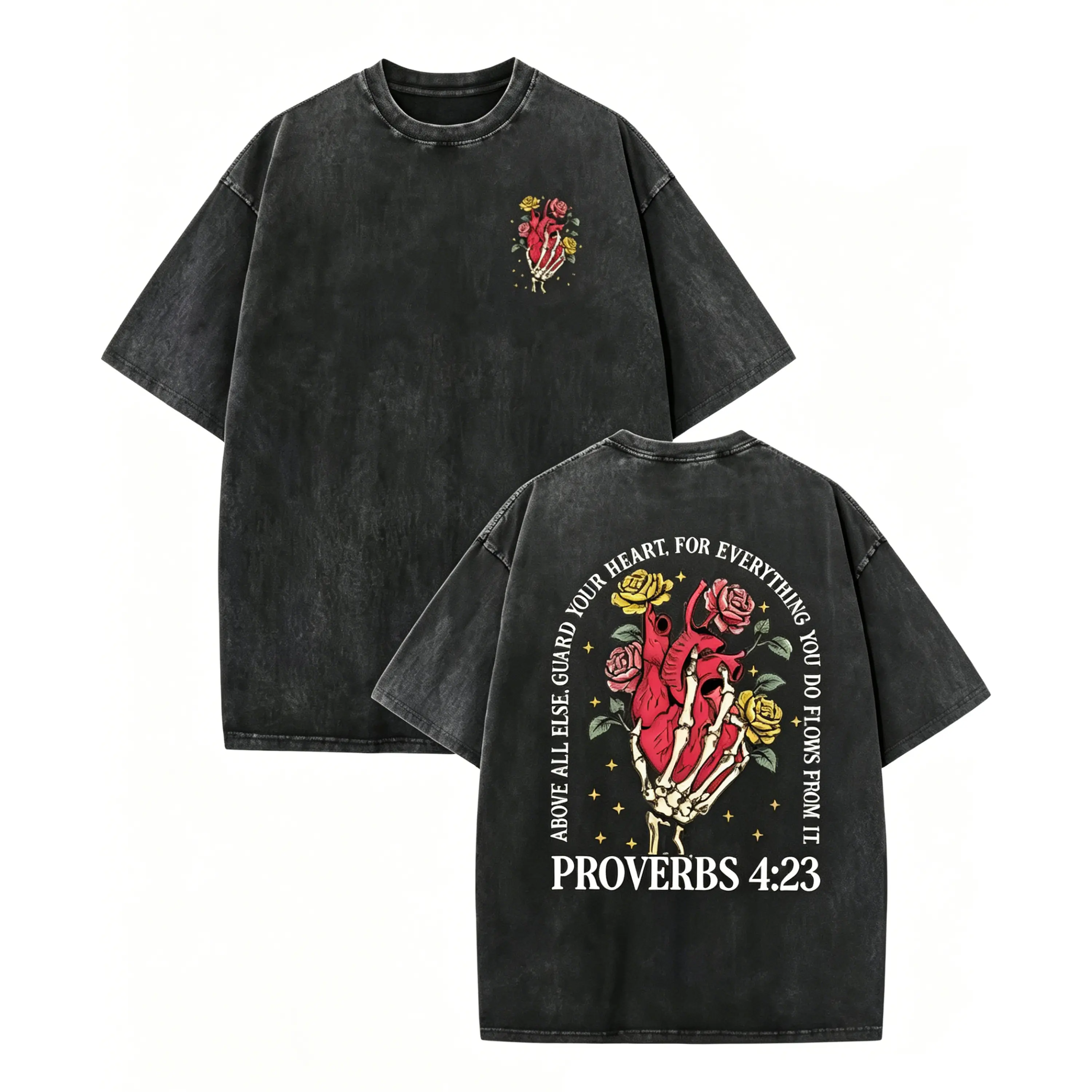 Graphic Tee Oversized Cotton Fashion Gift for Lover Friend Family Valentine's Day Cute Comfort Outfit Skeleton Hand Heart Rose Proverbs 4:23 Vintage Washed T-Shirt Best Present for Him Her