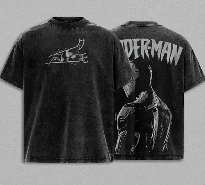 Dark Spidey Man Vintage Washed Graphic T-Shirt, Oversized Heavyweight Cotton Spider Hero Tee, Double Sided Retro Comic Streetwear Shirt, Y2K Grunge Web Slinger Aesthetic, Premium Unisex Graphic Apparel, Collector Fan Gift Merch
