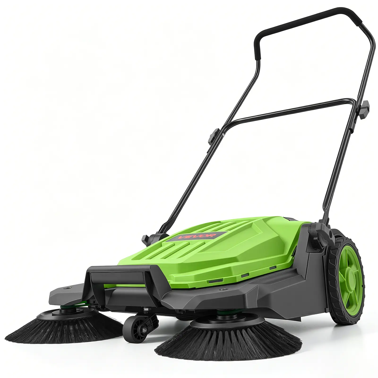 VEVOR Walk-Behind Hand Push Floor Sweeper, Manual Floor Sweeper Non-Electric with 25.6" Sweeping Width, 5 Gallons Waste Container & Adjustable Folding Handle for Yards Walkways Patios Garages - Green