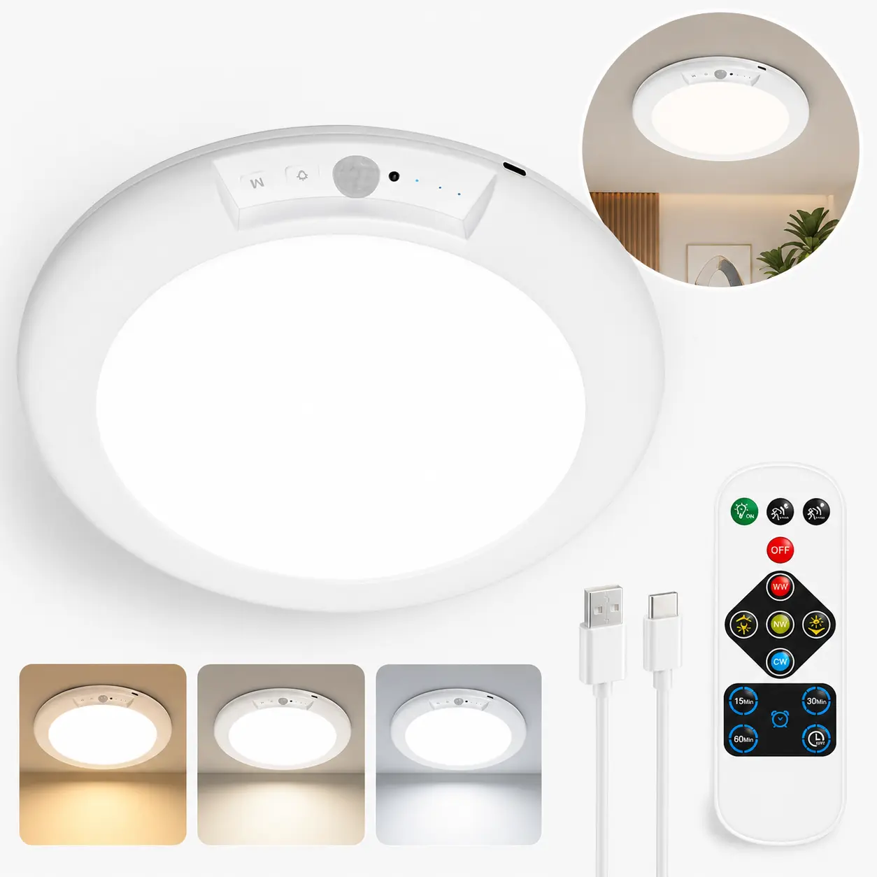GVTCO Rechargeable Motion Sensor Ceiling Light with Remote, 5000mAh Battery Operated Wireless LED Light, Auto On/Off, 3 Color Temperatures, Dimmable Timer, Magnetic Mount for Closet, Hallway, Stairway, 7.48 Inch, White, 1 Pack