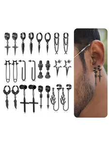 12 Pairs Stainless Steel Classic Dangle Earrings for Men Punk Gothic Long Chain Piercing Drop Earring Set Hinged Hoop Huggies Earring Jewelry Gift Black Tone