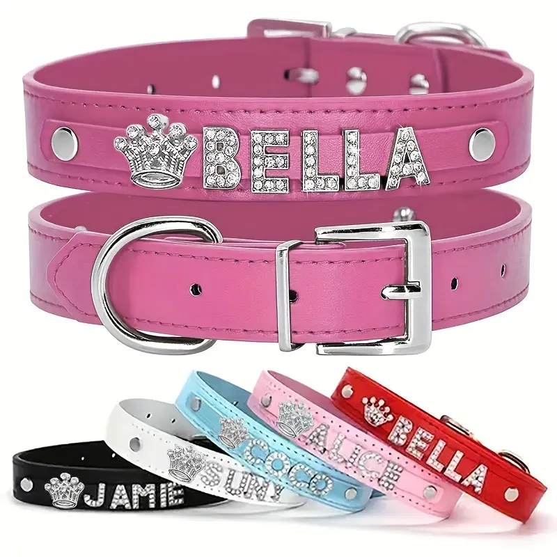 Customized Faux Leather Dog ID Collar - Cute Basic Collar with Rhinestone Heart, Star Designs for Small, Medium, Large Dog Breeds