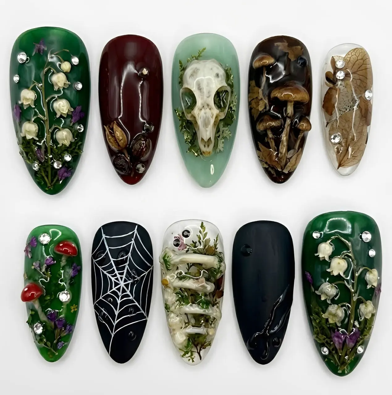 Dark Forest Botanical Press On Nails | Handmade Skull Mushroom Spider Web Moss Green Gothic Press On Nails | Alternative Reusable Fake Nail Set