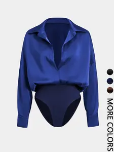 Women's V-Neck Long Sleeve Casual Commuter Basic Fashion Fitted Shirt Jumpsuit Bodysuits, Stylish One-Piece for Daily Wear, Comfortable and Trendy Design Valentine's Day