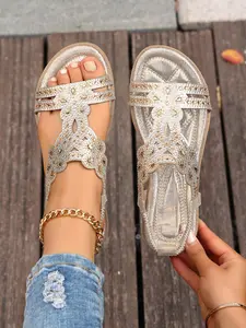 Women's Flat Embroidered Rhinestone Sandals, Summer New Casual Toe-Open Beach Slippers, Anti-Slip Rubber Foot Loop Elastic Back Strap