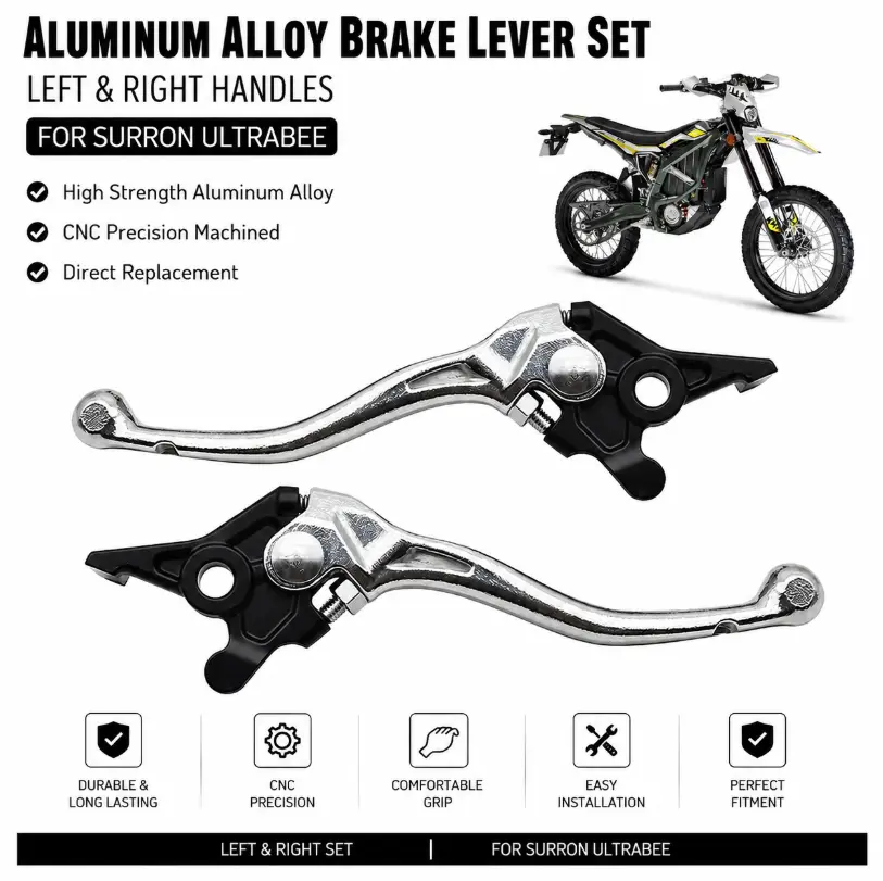CNC Aluminum Brake Lever Set for Sur-Ron Ultra Bee, Durable Silver Motorcycle Accessories for Cross-Country Riding, Left & Right Handle Pair, Surron Ultra Bee, Left & Right Handles, Set Pair, Brake Parts, Pair Set
