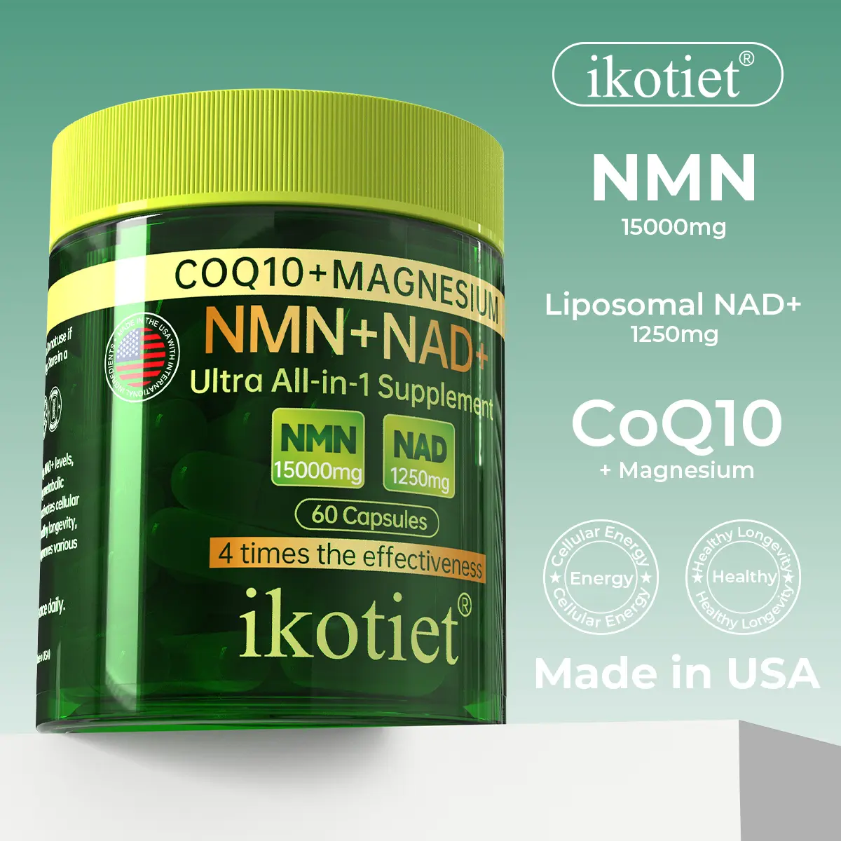 IKOTIET is formulated for men to support daily wellness, cellular health, and overall vitality with NMN, NAD+, multivitamins, and nicotinamide riboside in a 180-count super value pack.