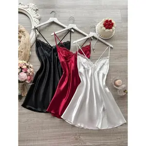 Women's Contrast Lace Criss Cross Backless Cami Nightdress, Adjustable Spaghetti Strap Satin Nightgown, Soft Comfortable Sleepwear for Women