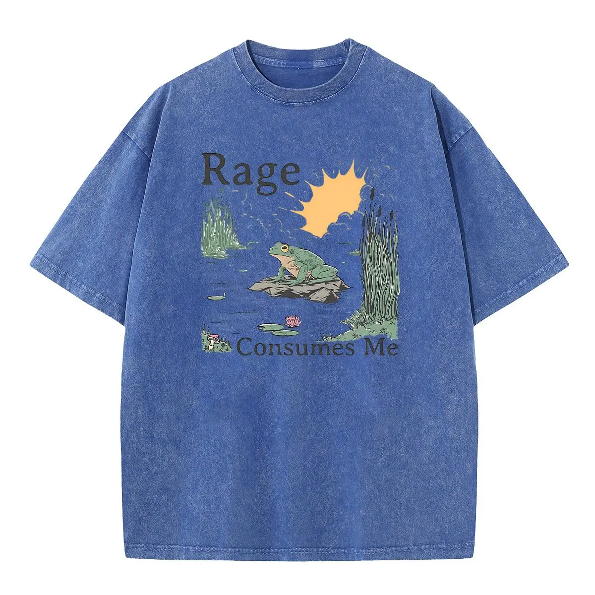 Women's Vintage Acid Wash Round Neck T-Shirt, Shortsleeve Athletic Streetwear with "Rage Consumes Me" Digital Print Graphic in Heavyweight Cotton, Fit, Outdoor, Thanksgiving, Easter, Valentines Day, Tshirt, Casual, Graphic Print, Loose Fit, Pure Cotton, A