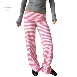 Women Fold Over Sweatpants Y2K Low Rise Flare Pants Striped Yoga Leggings Folding Lounge Pants Preppy Trousers