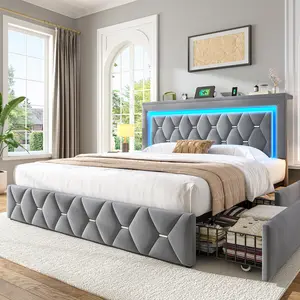 Raybee Queen Bed Frame with 4 Storage Drawers & Adjustable Headboard,【No Mattress】 Velvet Platform Bed with LED Lights, Charging Station, 900lbs Capacity with Metal Slats, No Noise, No Box Spring Needed, Grey Beige